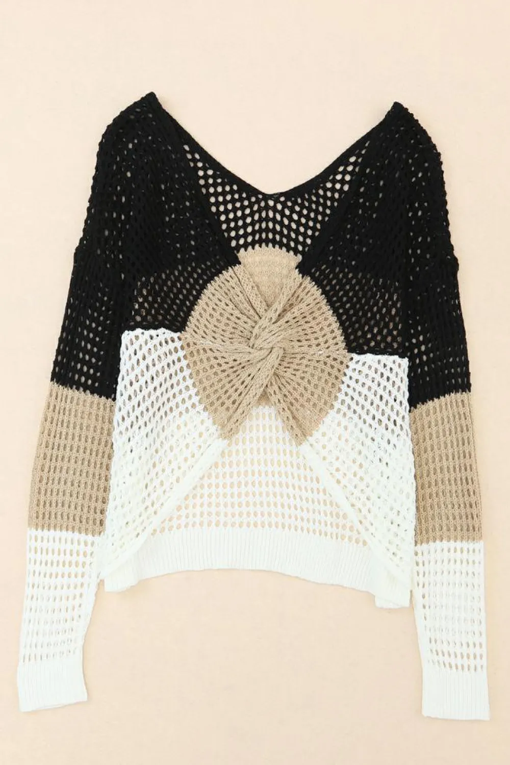 Hot Dear-Lover Color Block Eyelet Long Sleeve Twisted Back Knit Top Black