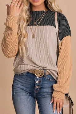 Online Dear-Lover Color Block Long Sleeve Ribbed Loose Top Black