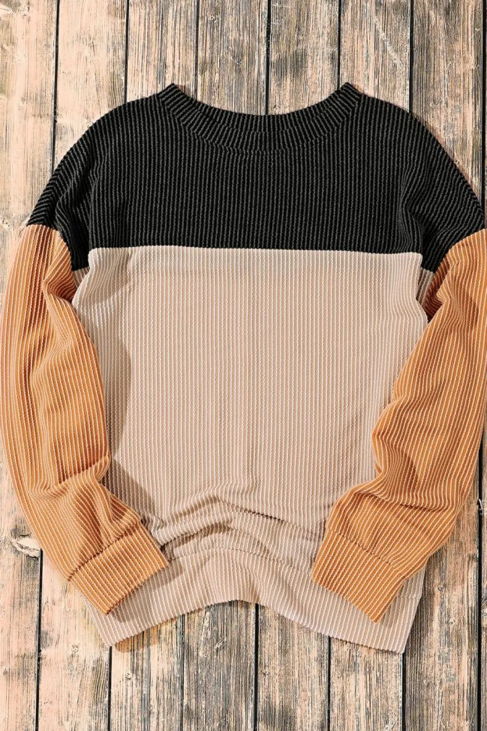Online Dear-Lover Color Block Long Sleeve Ribbed Loose Top Black