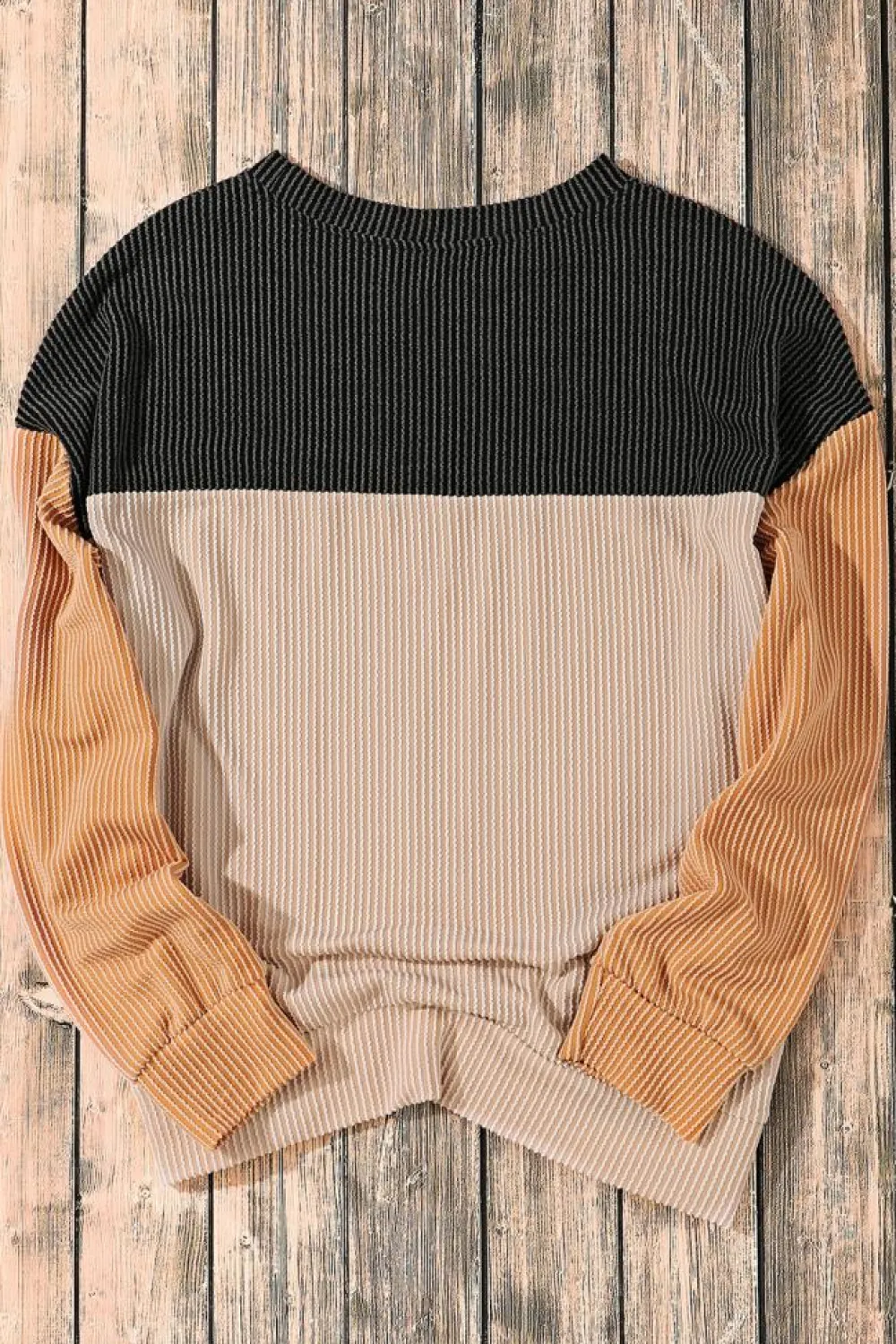 Online Dear-Lover Color Block Long Sleeve Ribbed Loose Top Black