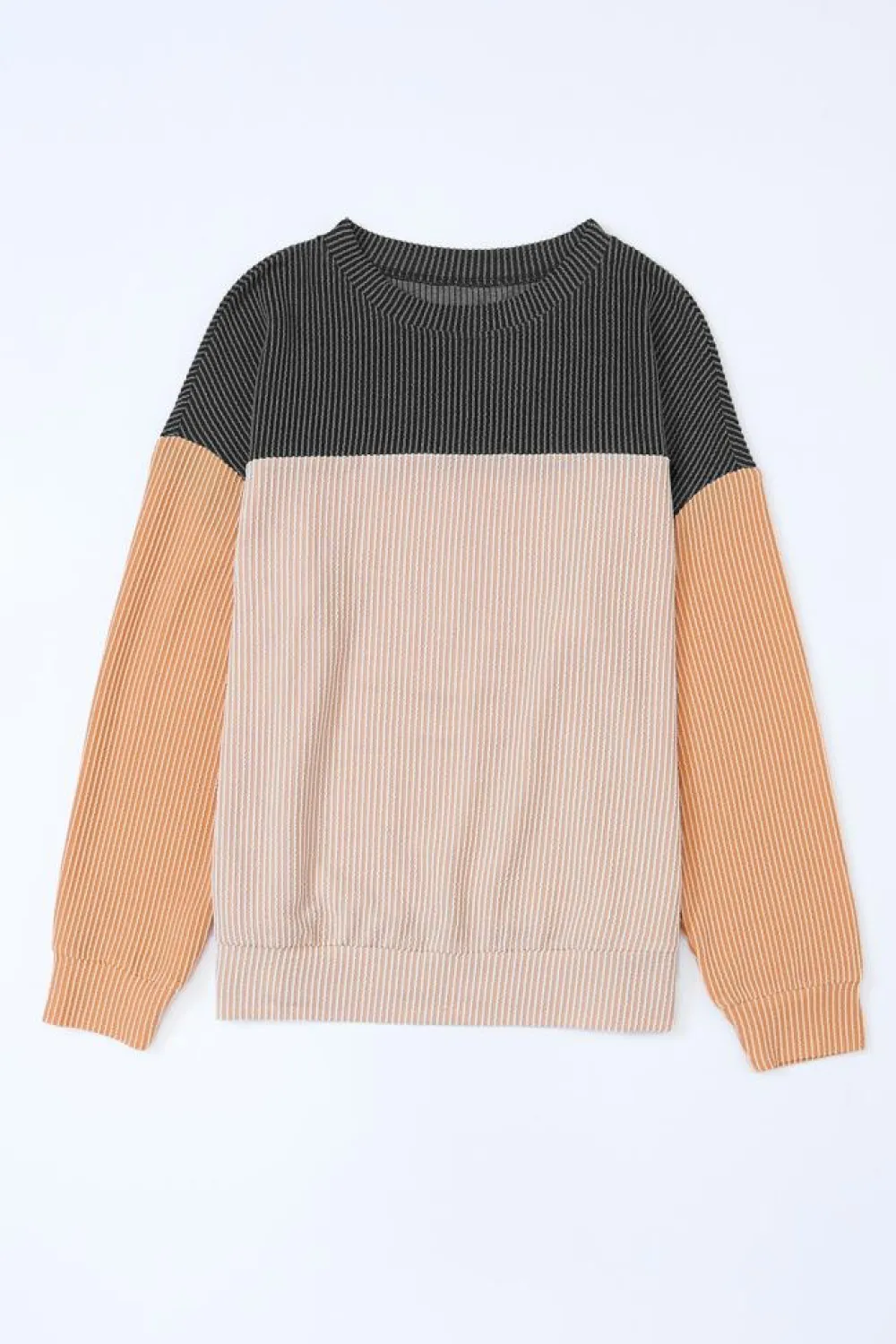 Online Dear-Lover Color Block Long Sleeve Ribbed Loose Top Black
