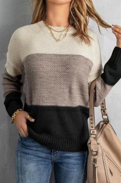 Hot Dear-Lover Color Block Netted Texture Pullover Sweater Black