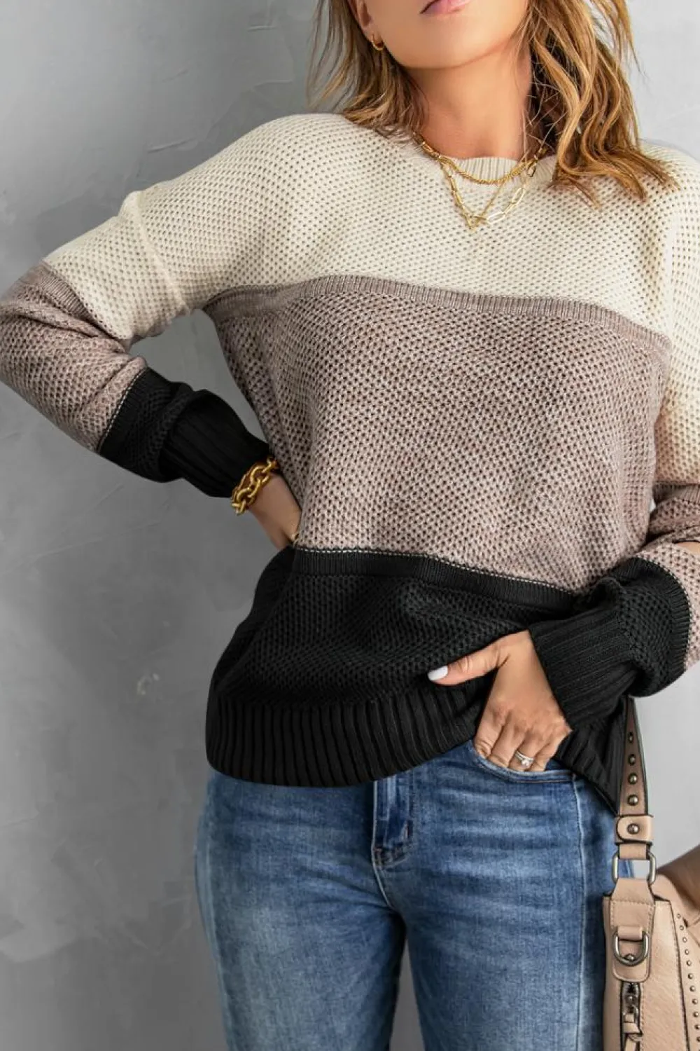 Hot Dear-Lover Color Block Netted Texture Pullover Sweater Black