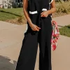 Hot Dear-Lover Color Block Pocketed T Shirt and Wide Leg Pants Set Black