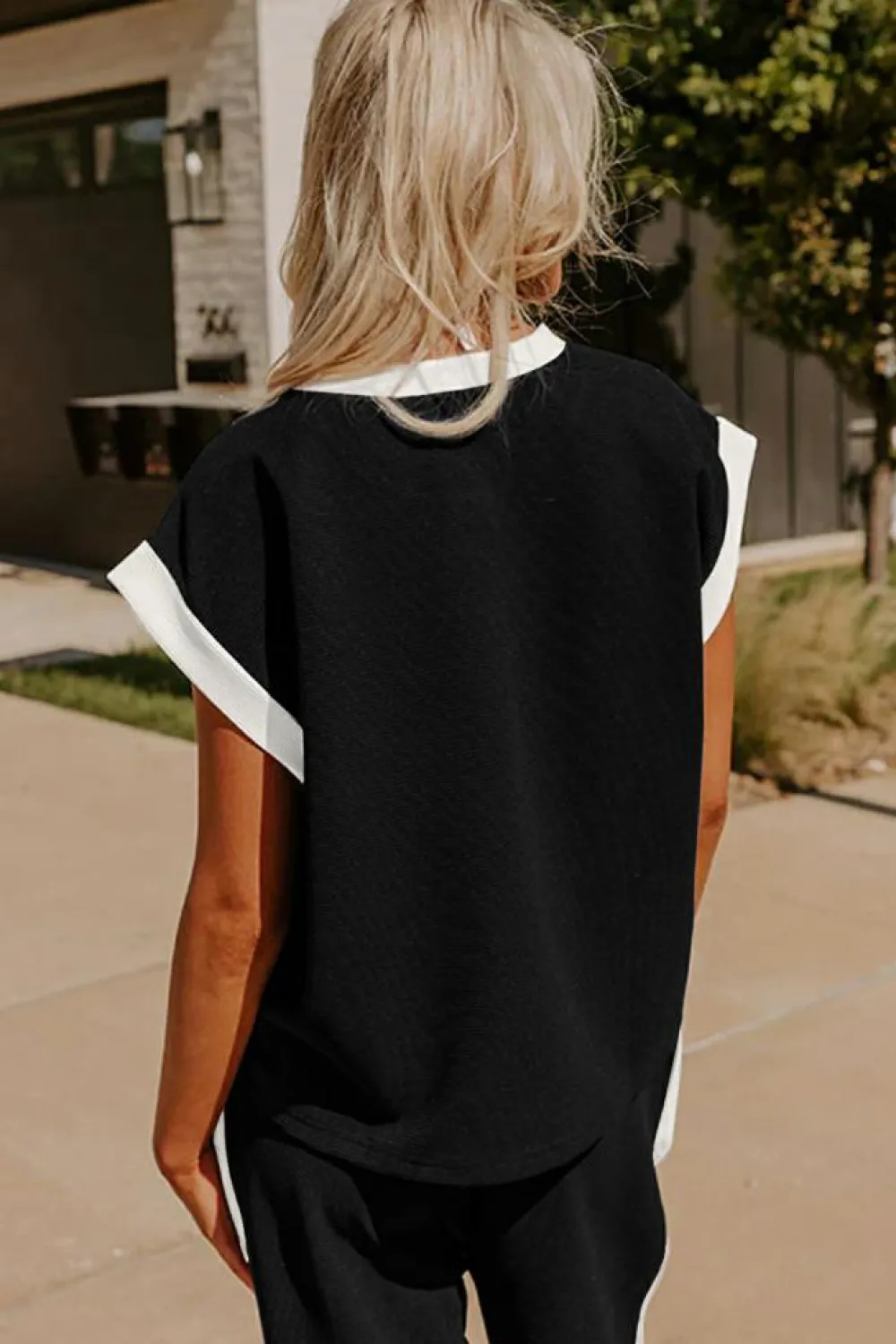 Hot Dear-Lover Color Block Pocketed T Shirt and Wide Leg Pants Set Black