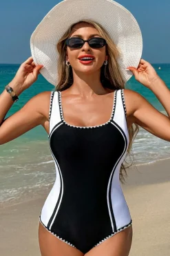 Hot Dear-Lover Color Block Ric Rac Trim U Neck One Piece Swimsuit Black