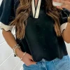 Discount Dear-Lover Color Contrast Collared V Neck Puff Sleeve Blouse Black