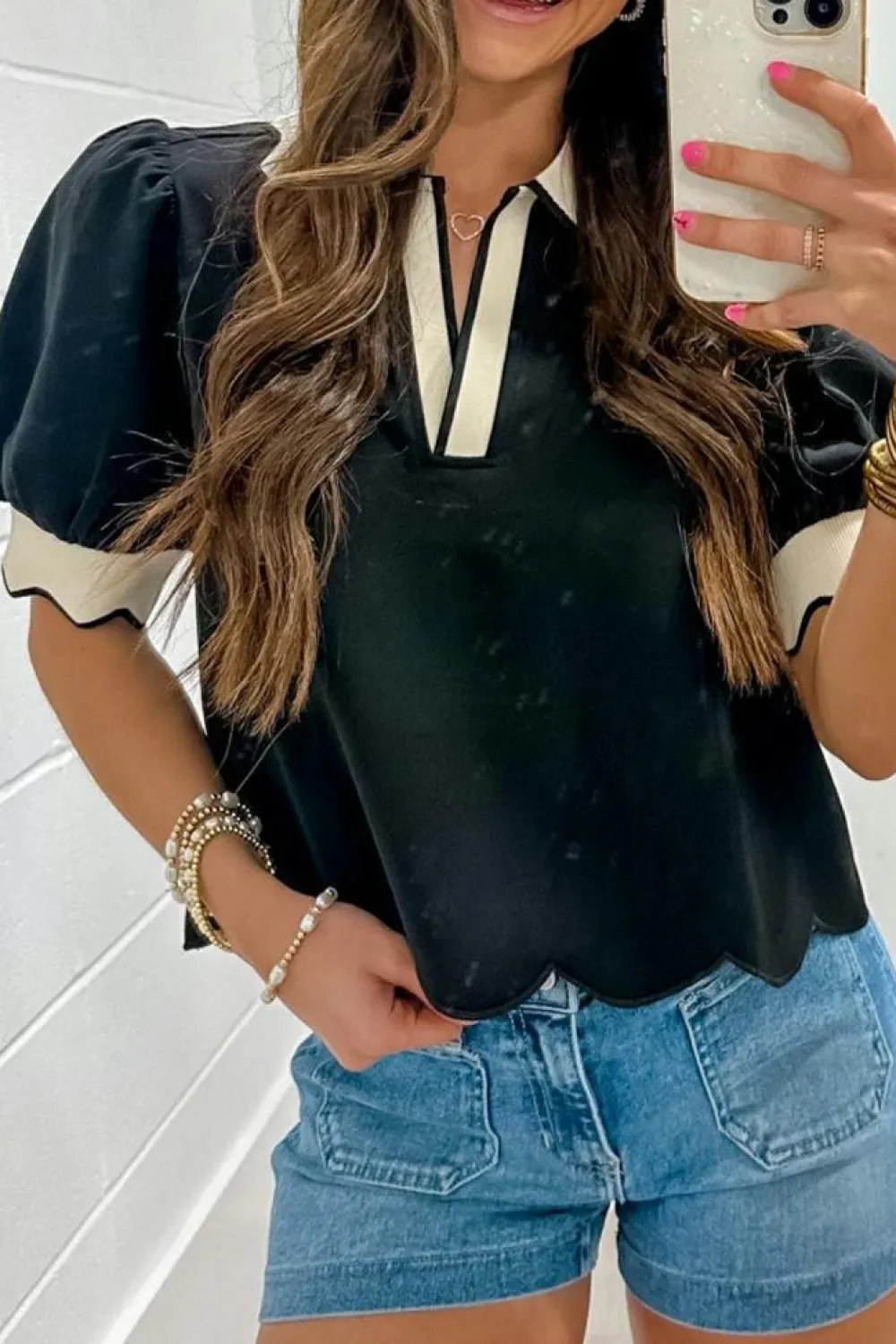 Discount Dear-Lover Color Contrast Collared V Neck Puff Sleeve Blouse Black