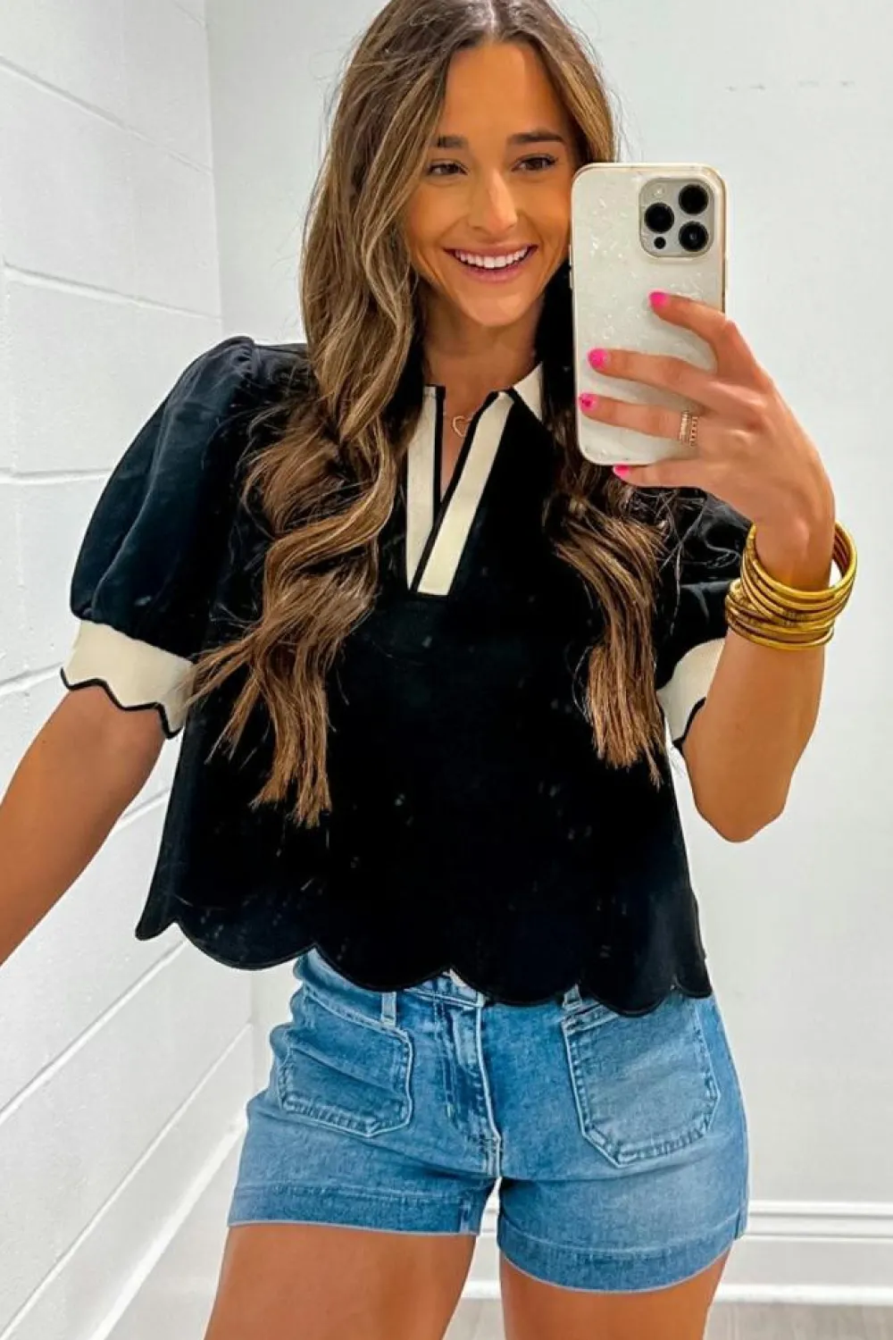 Discount Dear-Lover Color Contrast Collared V Neck Puff Sleeve Blouse Black