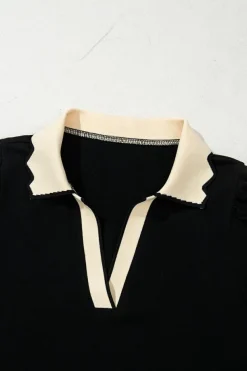 Discount Dear-Lover Color Contrast Collared V Neck Puff Sleeve Blouse Black