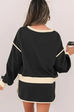 Best Dear-Lover Color Contrast Loose Pullover and Lace-up Waist Skort Set Black