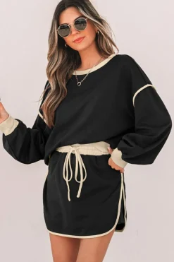 Best Dear-Lover Color Contrast Loose Pullover and Lace-up Waist Skort Set Black
