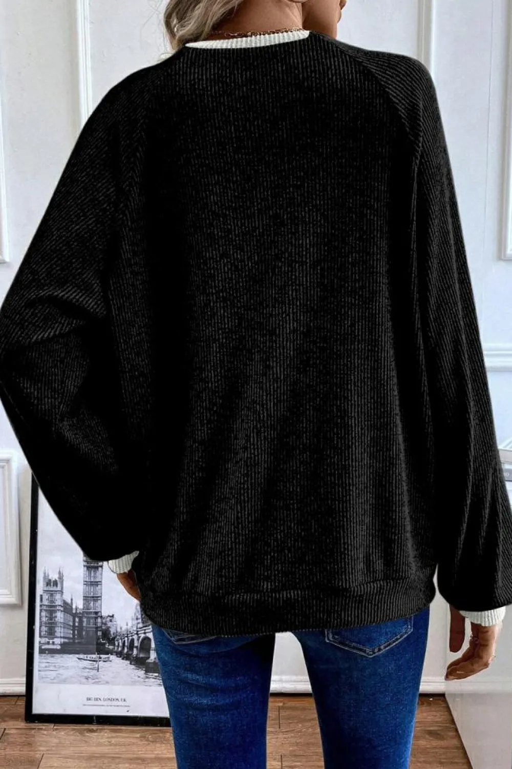 Best Dear-Lover Color Contrast Ribbed Loose Fit Long Sleeve Top Black