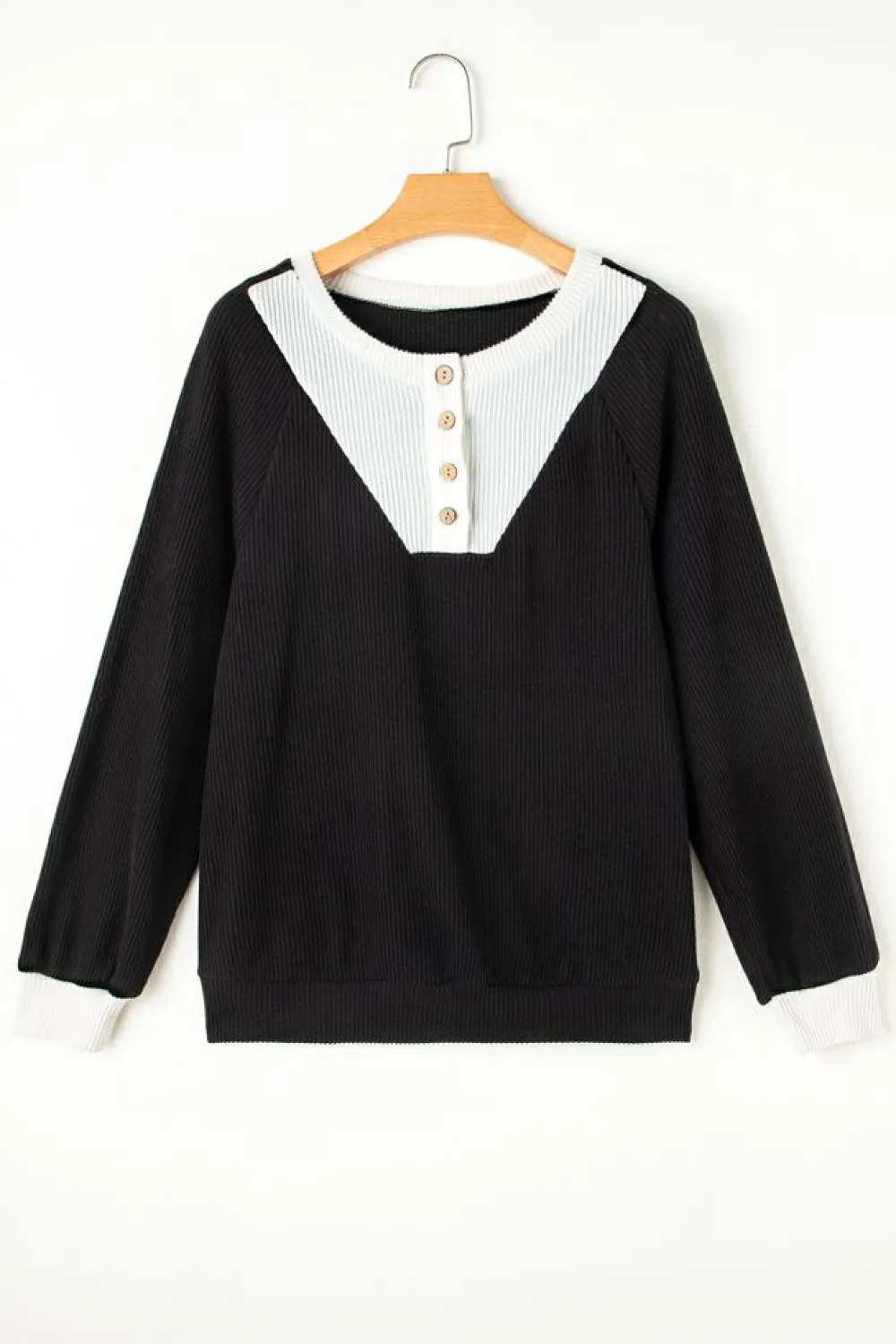 Best Dear-Lover Color Contrast Ribbed Loose Fit Long Sleeve Top Black
