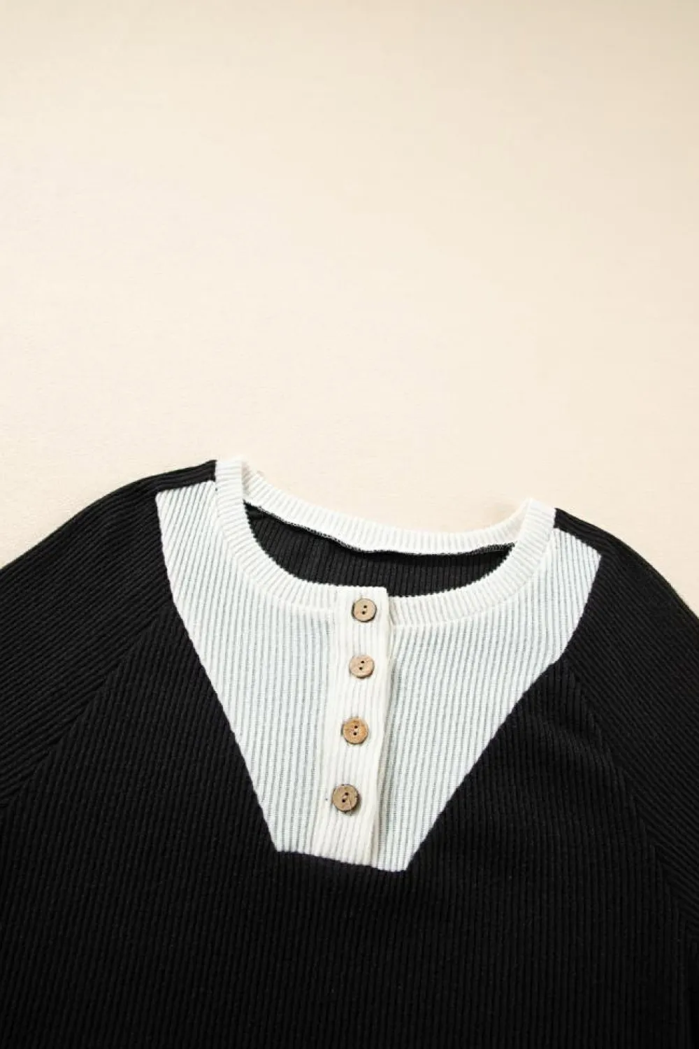 Best Dear-Lover Color Contrast Ribbed Loose Fit Long Sleeve Top Black