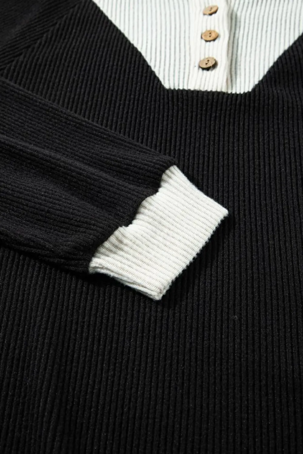 Best Dear-Lover Color Contrast Ribbed Loose Fit Long Sleeve Top Black