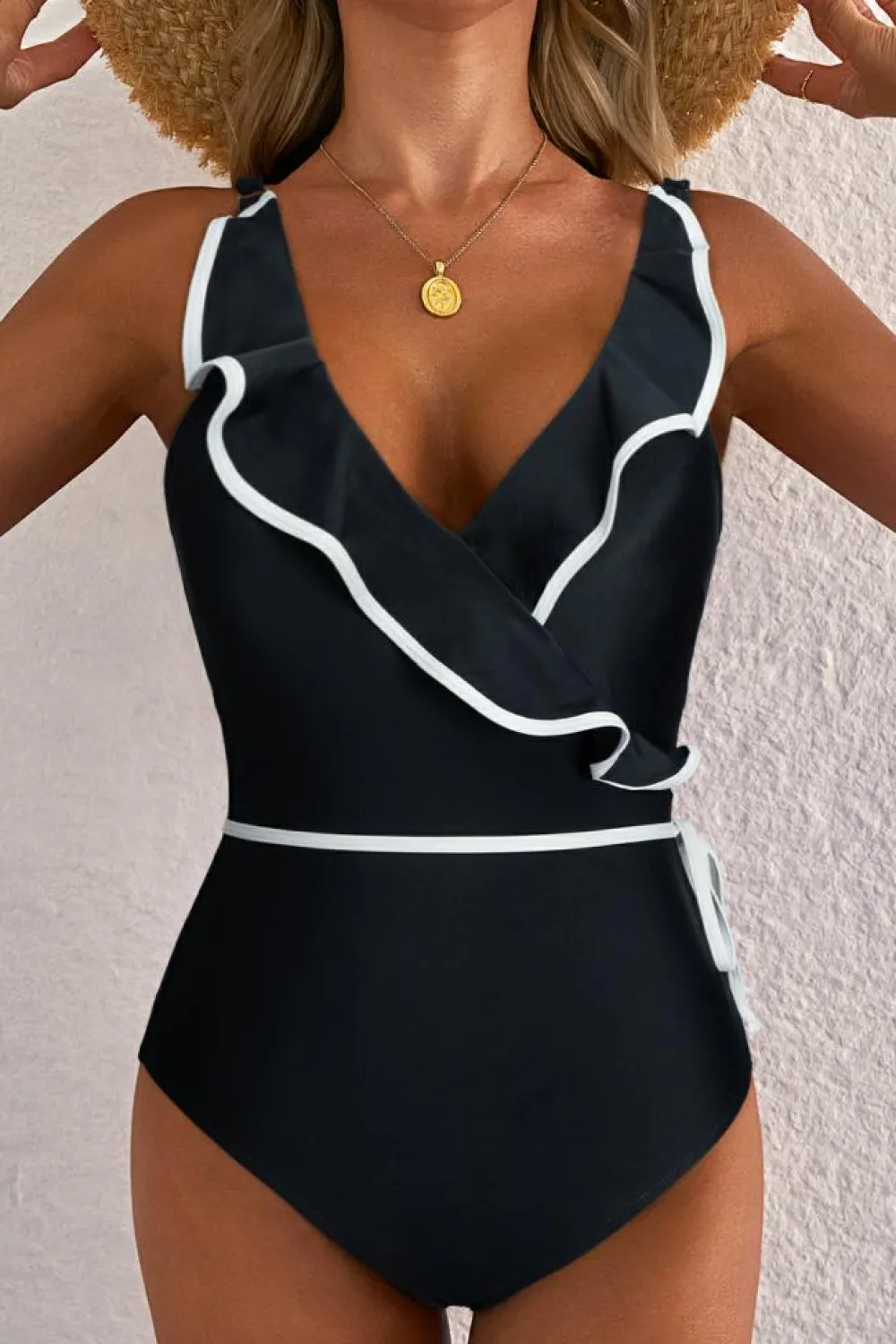 Outlet Dear-Lover Color Contrast Ruffled Wrap V Neck Swimsuit Black
