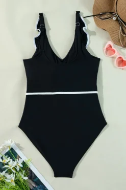 Outlet Dear-Lover Color Contrast Ruffled Wrap V Neck Swimsuit Black