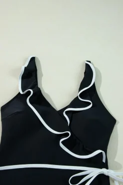 Outlet Dear-Lover Color Contrast Ruffled Wrap V Neck Swimsuit Black