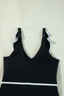 Outlet Dear-Lover Color Contrast Ruffled Wrap V Neck Swimsuit Black