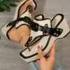 Discount Dear-Lover Color Contrast Woven PU Leather Patchwork Wedge Slippers Black