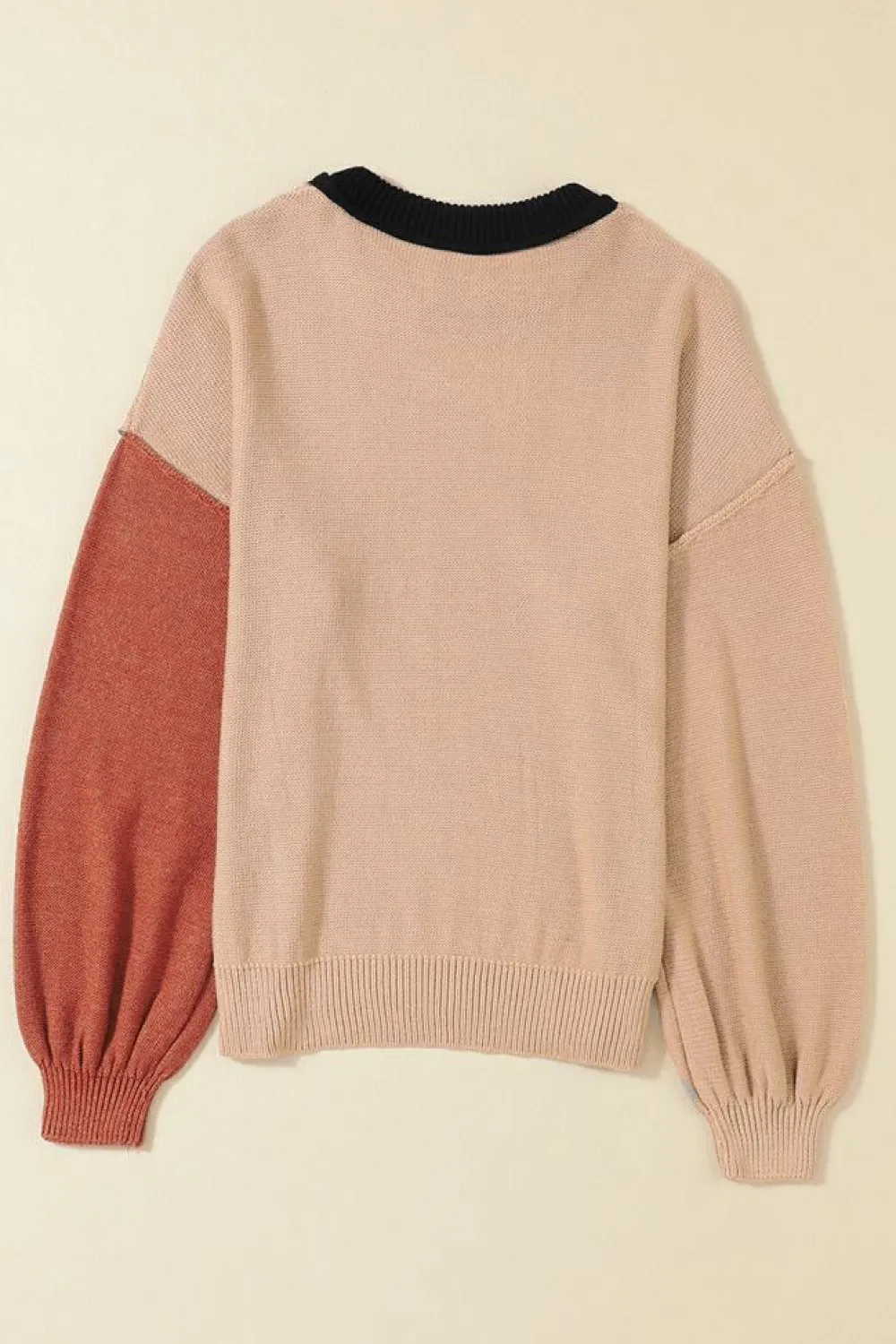 New Dear-Lover Colorblock Bishop Sleeve Ribbed Trim Sweater Black