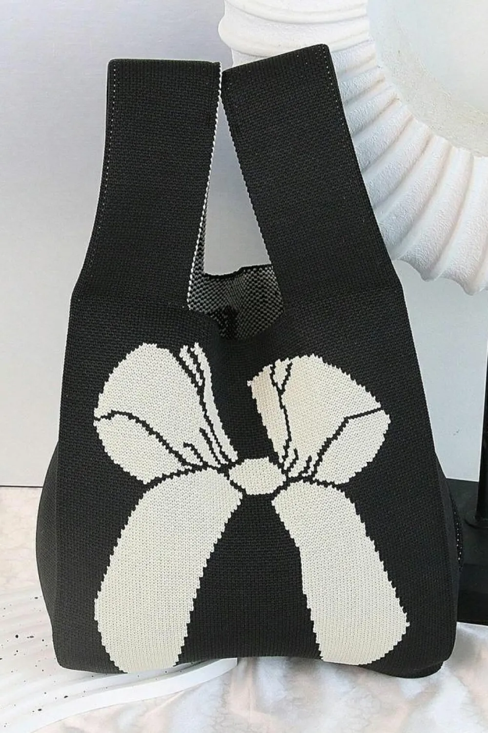 Online Dear-Lover Colorblock Bowknot Pattern Knitted Hand Bag Black