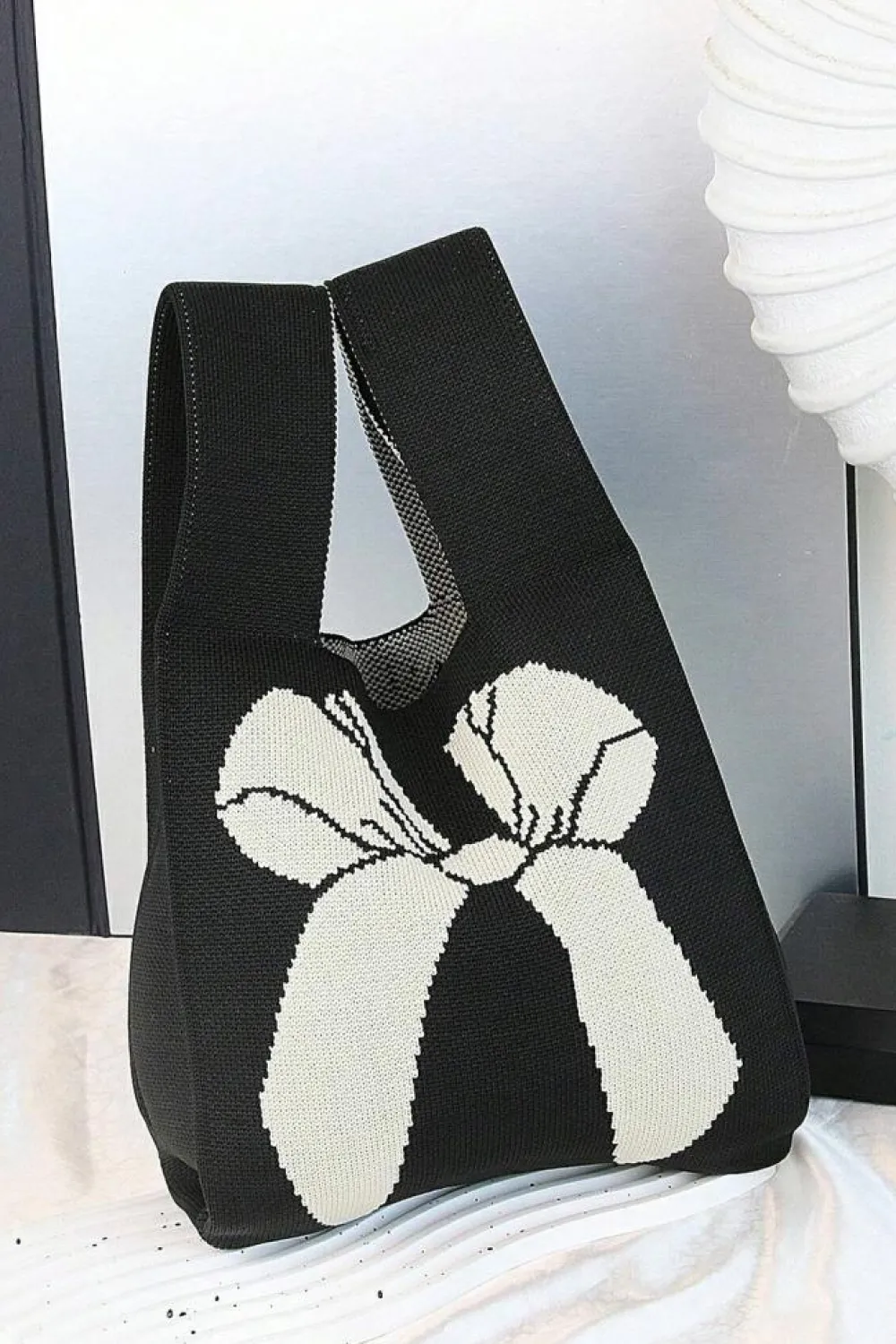 Online Dear-Lover Colorblock Bowknot Pattern Knitted Hand Bag Black