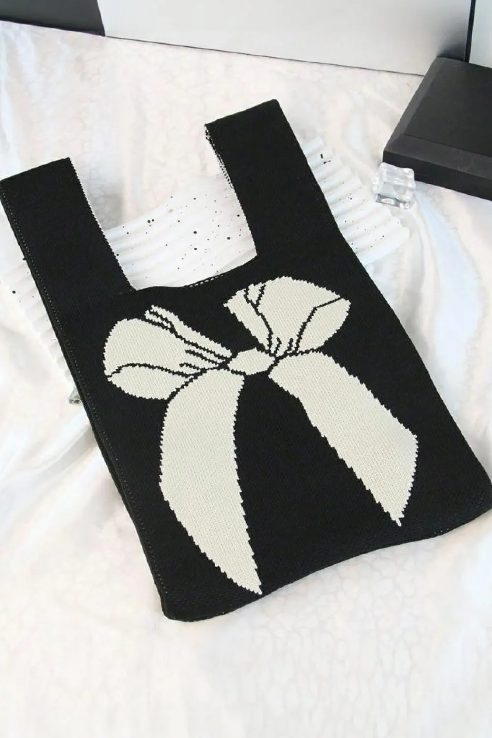 Online Dear-Lover Colorblock Bowknot Pattern Knitted Hand Bag Black