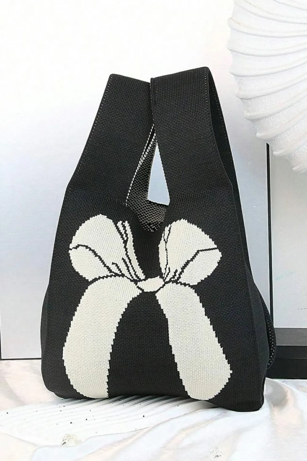 Online Dear-Lover Colorblock Bowknot Pattern Knitted Hand Bag Black