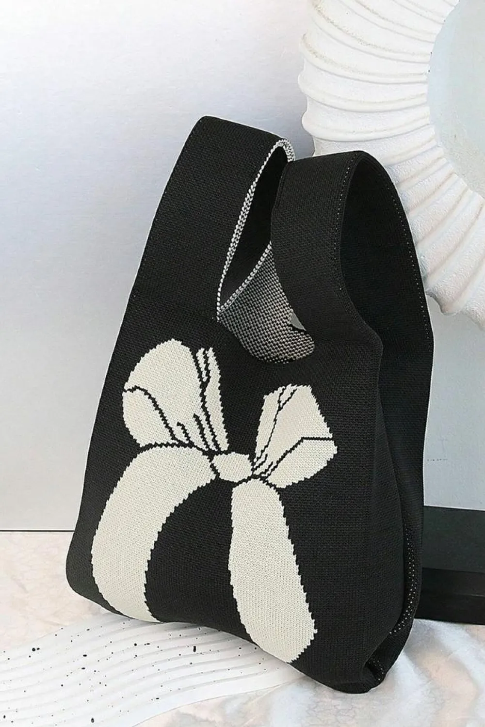 Online Dear-Lover Colorblock Bowknot Pattern Knitted Hand Bag Black