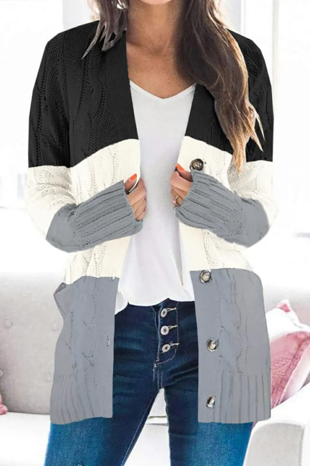 Discount Dear-Lover Colorblock Button Pocket Knit Cardigan Black