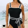 Fashion Dear-Lover Colorblock Edge Belted One Piece Swimsuit Black