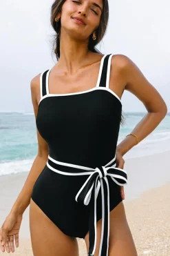 Fashion Dear-Lover Colorblock Edge Belted One Piece Swimsuit Black