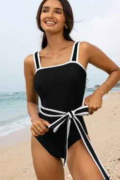 Fashion Dear-Lover Colorblock Edge Belted One Piece Swimsuit Black