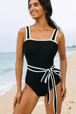 Fashion Dear-Lover Colorblock Edge Belted One Piece Swimsuit Black