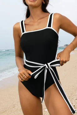 Fashion Dear-Lover Colorblock Edge Belted One Piece Swimsuit Black