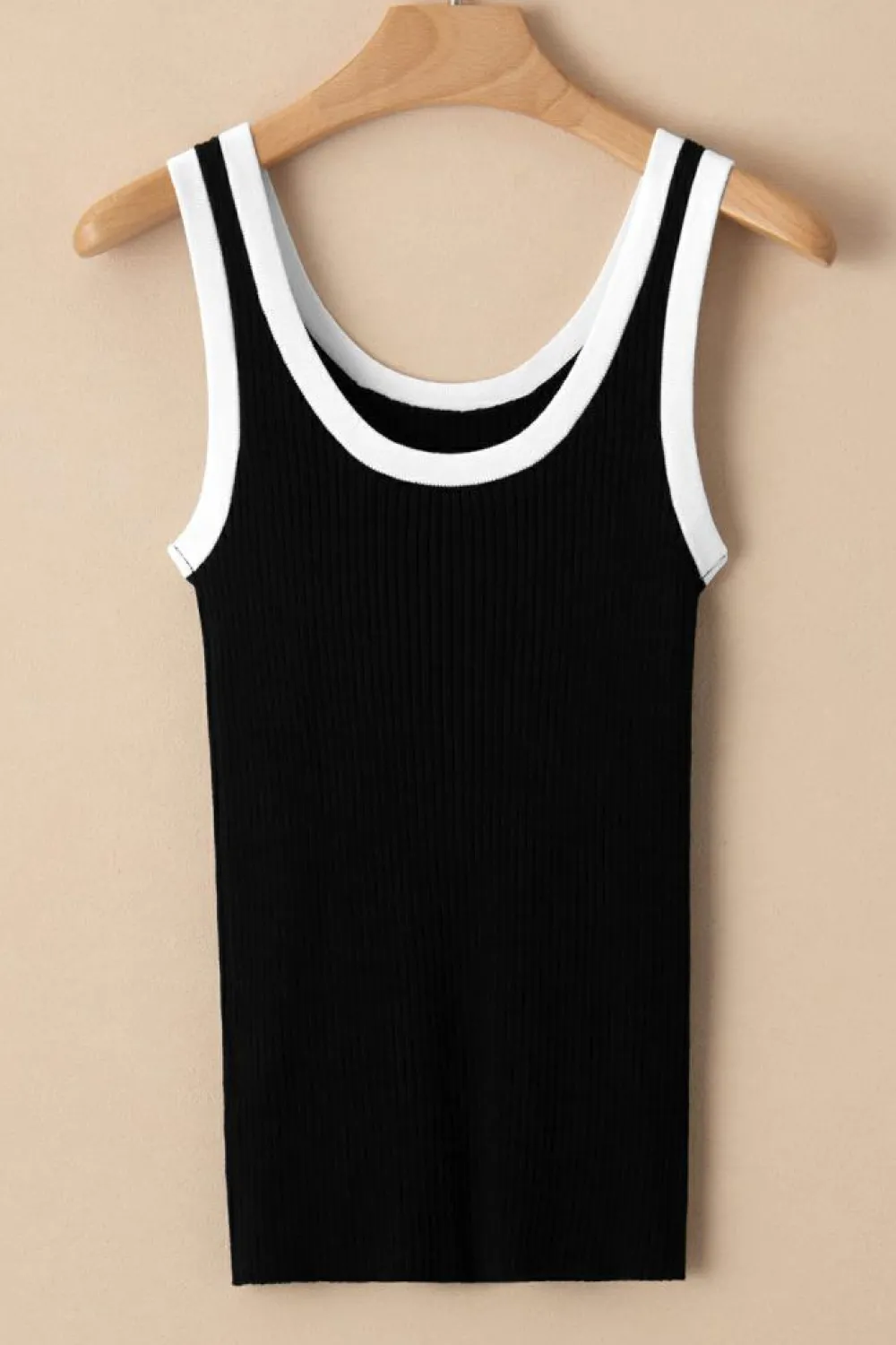 Clearance Dear-Lover Colorblock Edge Ribbed Knit U Neck Tank Top Black