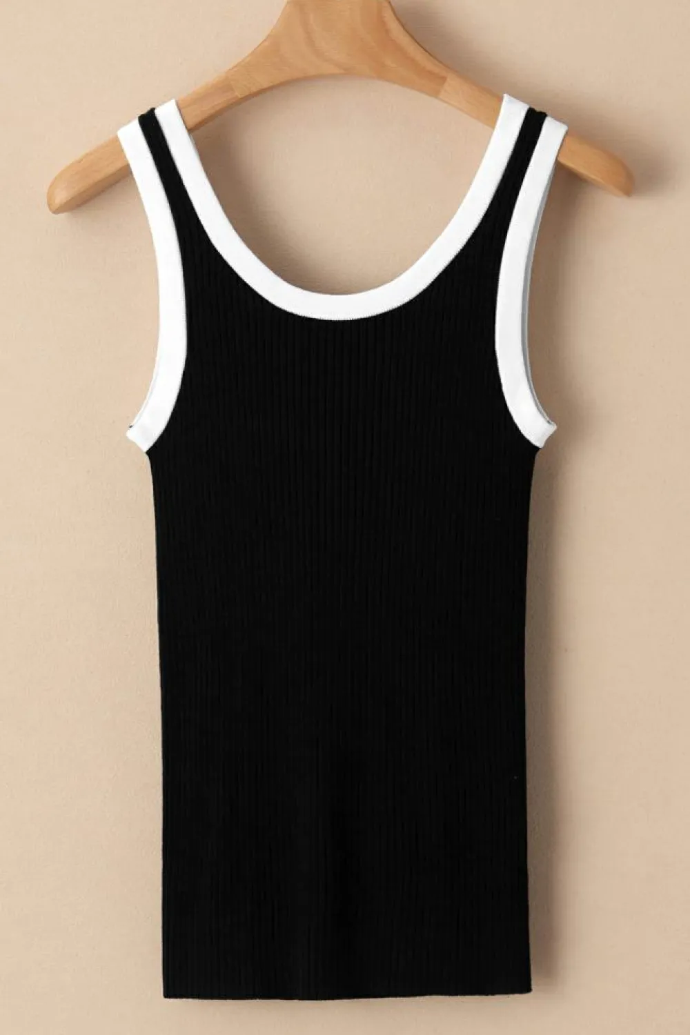 Clearance Dear-Lover Colorblock Edge Ribbed Knit U Neck Tank Top Black