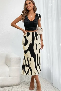 Outlet Dear-Lover Colorblock Geometric Print Pleated Midi Skirt Black
