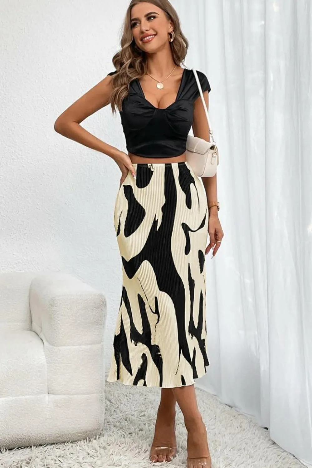 Outlet Dear-Lover Colorblock Geometric Print Pleated Midi Skirt Black