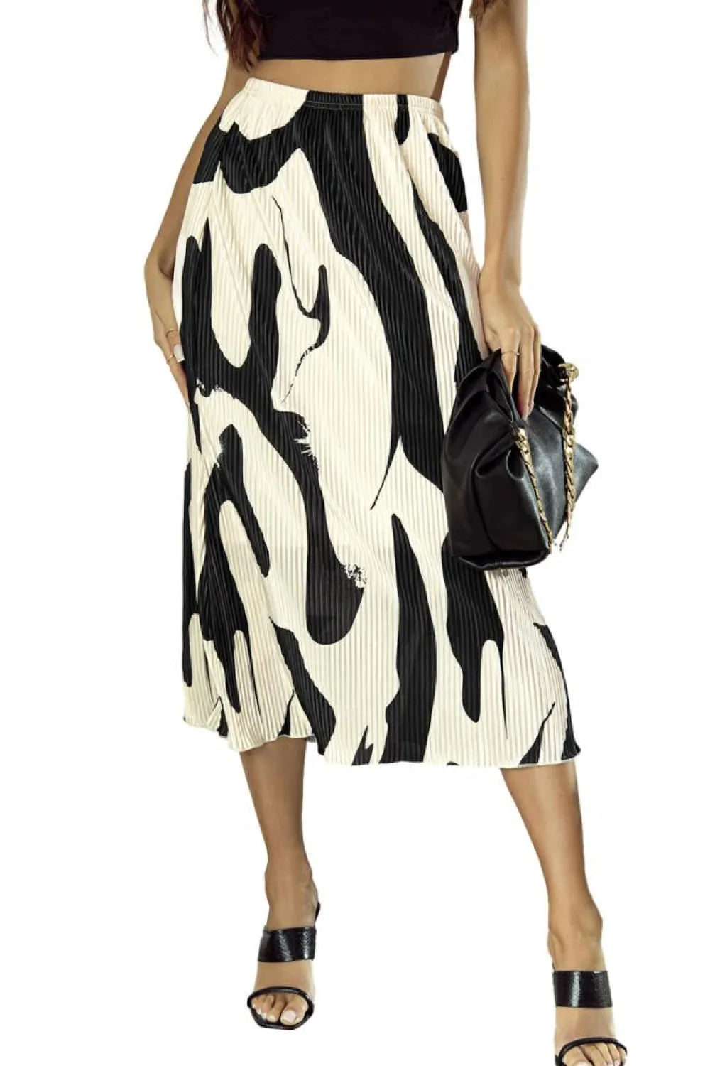 Outlet Dear-Lover Colorblock Geometric Print Pleated Midi Skirt Black