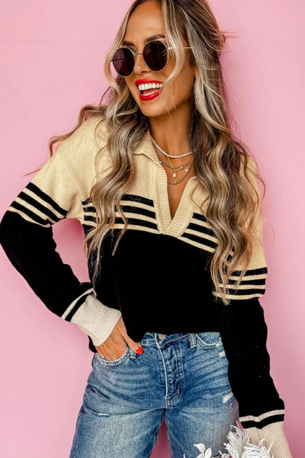 Hot Dear-Lover Colorblock Stripe Collared V Neck Sweater Black