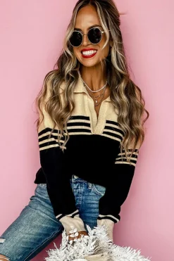 Hot Dear-Lover Colorblock Stripe Collared V Neck Sweater Black