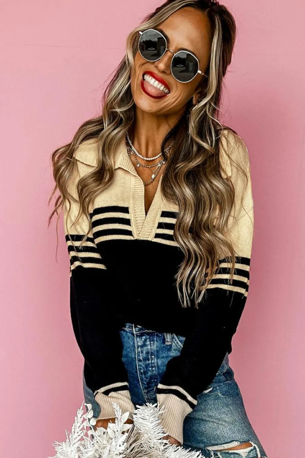 Hot Dear-Lover Colorblock Stripe Collared V Neck Sweater Black