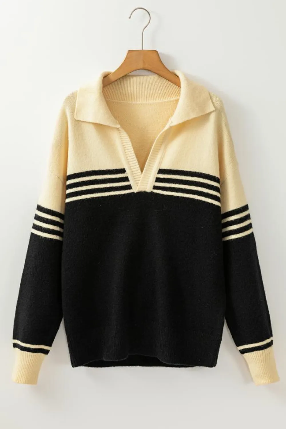 Hot Dear-Lover Colorblock Stripe Collared V Neck Sweater Black