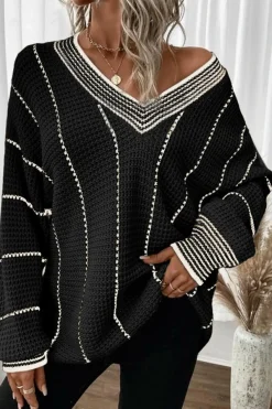 Online Dear-Lover Colorblock Striped V Neck Knitted Loose Sweater Black