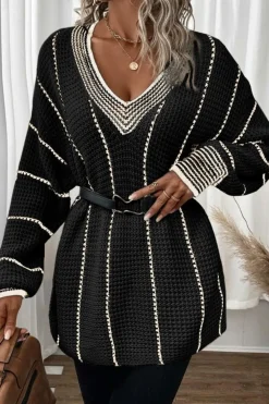 Online Dear-Lover Colorblock Striped V Neck Knitted Loose Sweater Black