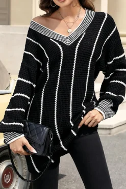 Online Dear-Lover Colorblock Striped V Neck Knitted Loose Sweater Black