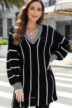 Online Dear-Lover Colorblock Striped V Neck Knitted Loose Sweater Black
